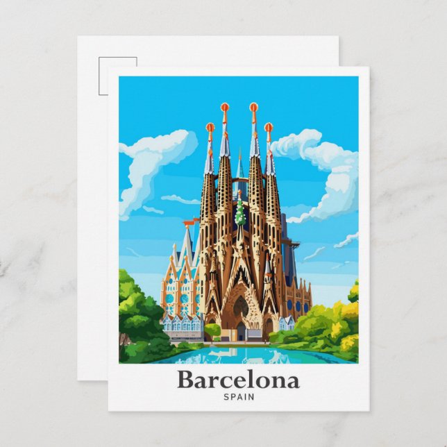 Postal Barcelona España Ilustracion de Viajes de Arte (Anverso / Reverso)