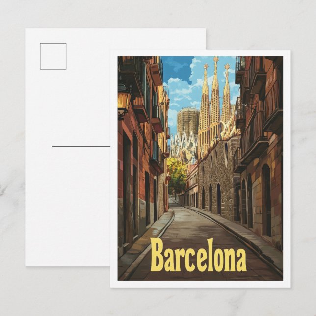 Postal Barcelona España Ilustracion de Viajes de Arte (Anverso / Reverso)