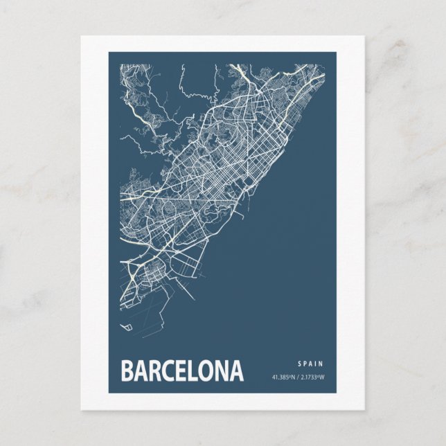 Postal Barcelona España Mapa Línea Arte Azul (Anverso)
