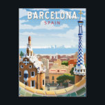 Postal Barcelona España Viaje Arte Vintage<br><div class="desc">Diseño de viaje vectorial retro de Barcelona. Barcelona,  la cosmopolita capital de la región catalana de España,  es conocida por su arte y arquitectura.</div>