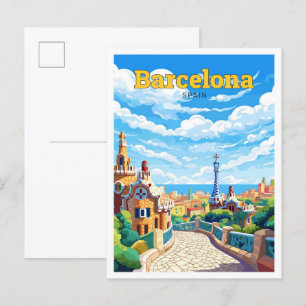 Postal Barcelona España Viaje Ilustracion Vintage