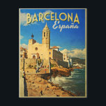 Postal Barcelona España Viajes de época<br><div class="desc">Una maravillosa imagen costera de Barcelona España con un aspecto retro de los años 60 y las palabras Barcelona España.</div>
