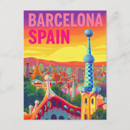 Postal Barcelona Gaudi Atardecer Retro