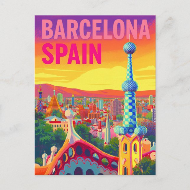 Postal Barcelona Gaudi Atardecer Retro (Anverso)