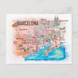Postal Barcelona Mapa de viajes ilustrado con las princip