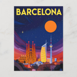 Postal Barcelona Night Skyline Sagrada Familia