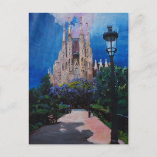 Postal Barcelona Sagrada Familia con parque y linterna