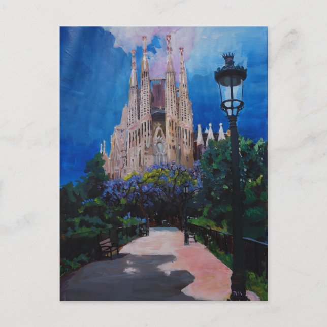 Postal Barcelona Sagrada Familia con parque y linterna (Anverso)