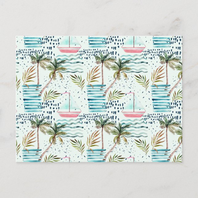 Postal Barco acuático con patrón de árbol de palma (Anverso)