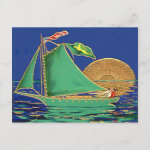 Postal Barco Bandera Irlandesa Bandera Americana Sol Barc