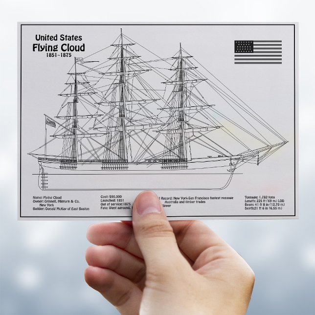 Postal Barco Clipper Flying Cloud - Plano del barco BD (Clipper Ship Flying Cloud - Ship Blueprint BD. Postcard)