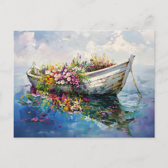 Postal Barco con flores silvestres coloridas (Anverso)