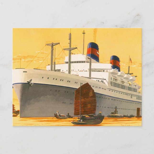 Postal Barco de crucero de época a Oriente con barcos bas (Anverso)