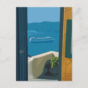 Postal barco de crucero en Santorini, Grecia