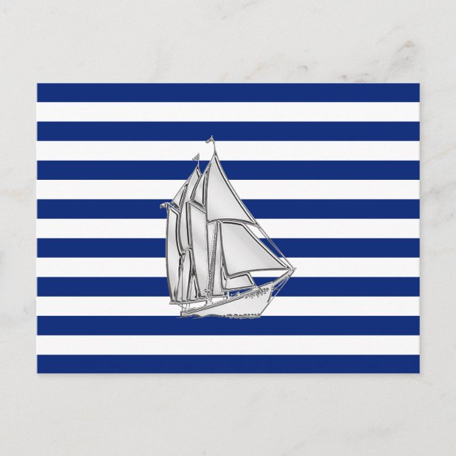 Postal Barco de vela cromado en franjas náuticas (Anverso)