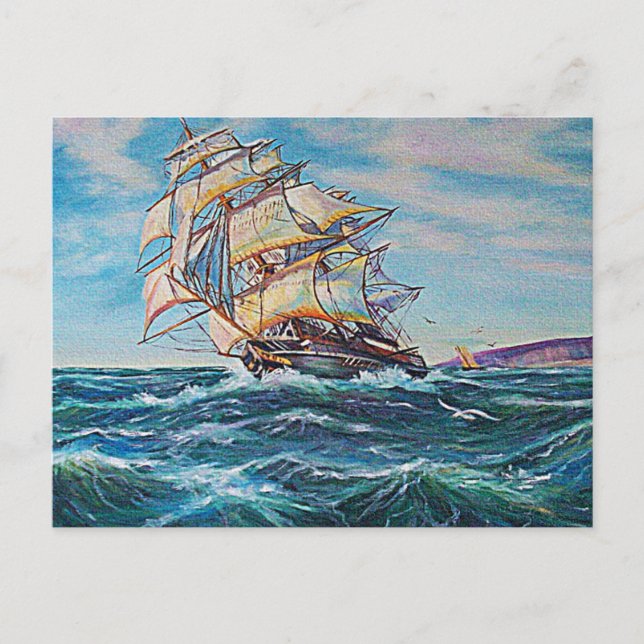 Postal Barco de vela en aguas tosferas pintura al aceite (Anverso)