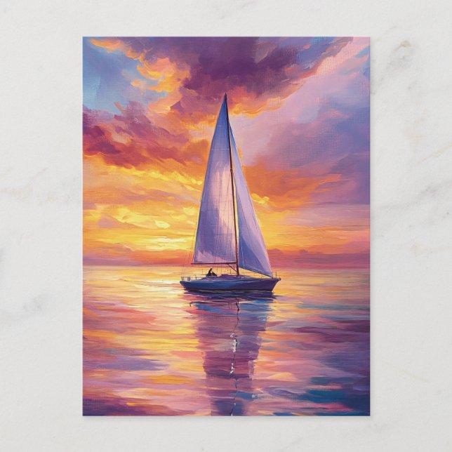 Postal Barco de vela en la pintura al atardecer (Anverso)