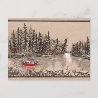Postal Barco de vela rojo Puget Sound, frente a la peníns