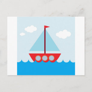 Postal Barco de vela rojo y azul en el mar