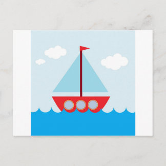 Postal Barco de vela rojo y azul en el mar