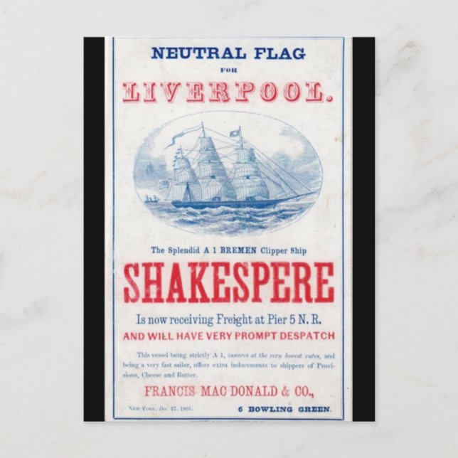 Postal Barco de vela Shakespere Clipper 1861 (Anverso)