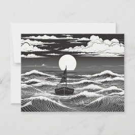 Postal Barco de vela solitario en olas onlit
