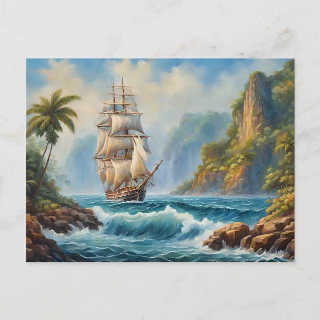 Postal Barco de Vintage cerca de Isla Tropical (Anverso)