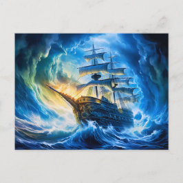 Postal Barco en pintura de fantasía de océano azul brilla