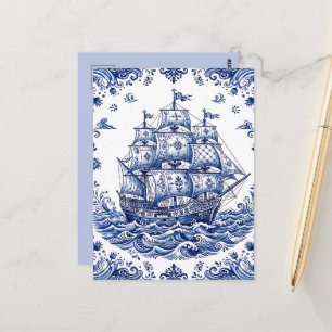 Postal Barco Mercante Estilo Delft Azul Blanco