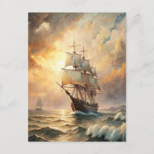 Postal Barco Navegando Océano Olas Puesta de Sol Náutico