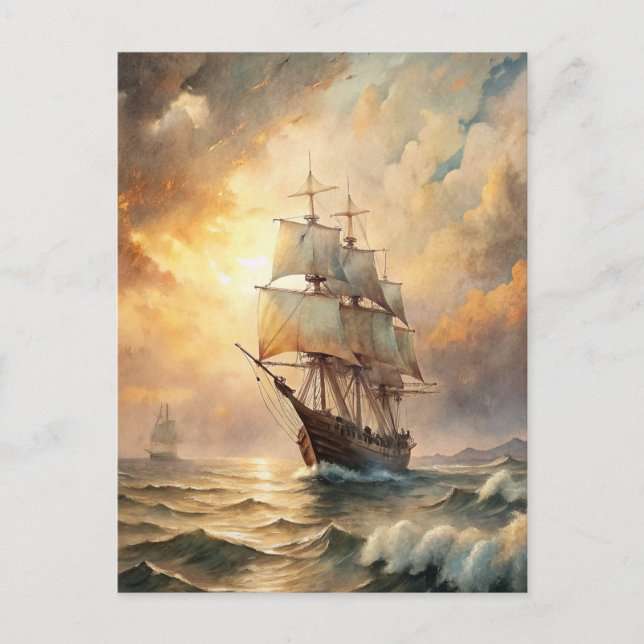 Postal Barco Navegando Océano Olas Puesta de Sol Náutico  (Anverso)