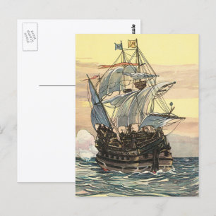Postal Barco pirata antiguo, galeón navegando en el océan
