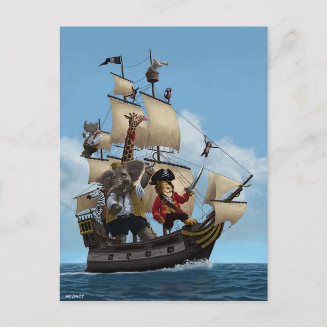 Postal Barco pirata de animales personalizado (Anverso)