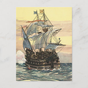 Postal Barco pirata vintage, velero galeón en el océano