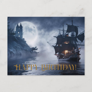 Postal Barco pirata y castillo Feliz cumpleaños