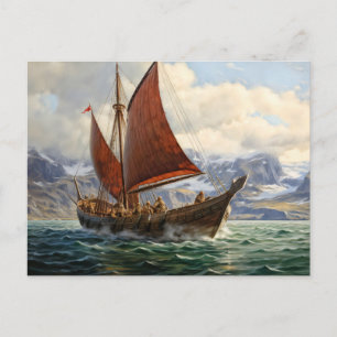 Postal barco vikingo navegando en el mar del norte. Islan