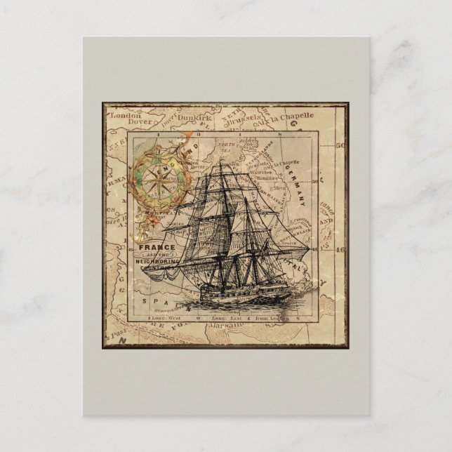 Postal Barco y Mapa Vintage (Anverso)