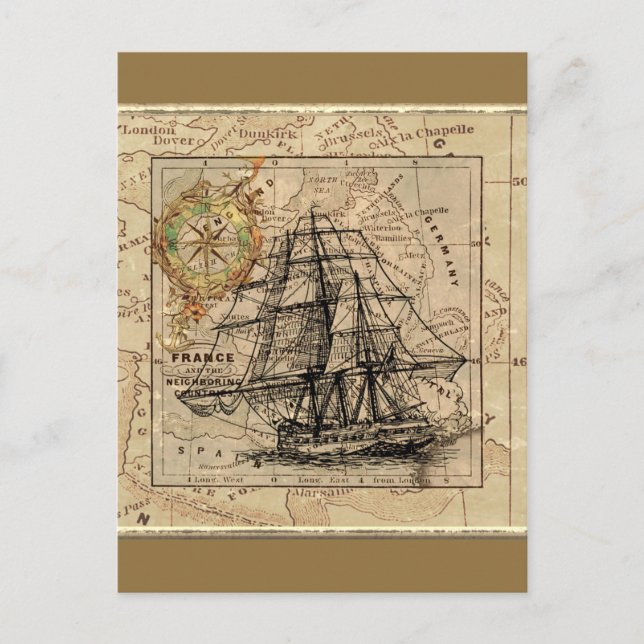 Postal Barco y Mapa Vintage (Anverso)