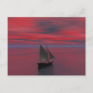 Postal Barco y puesta de sol
