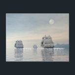 Postal Barcos antiguos en el océano<br><div class="desc">Tres antiguos barcos en el mar en plena noche gris lunar</div>