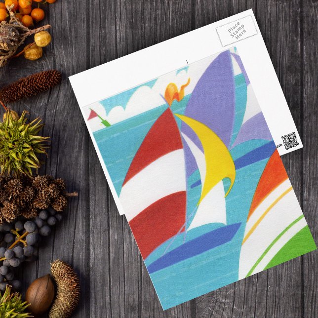Postal Barcos de vela coloridos (Abstract colourful sailboats in blue lake sky clouds on postcard.)