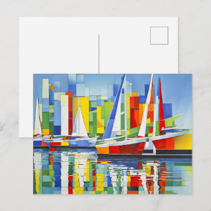 Postal Barcos de vela cubistas en un puerto colorido