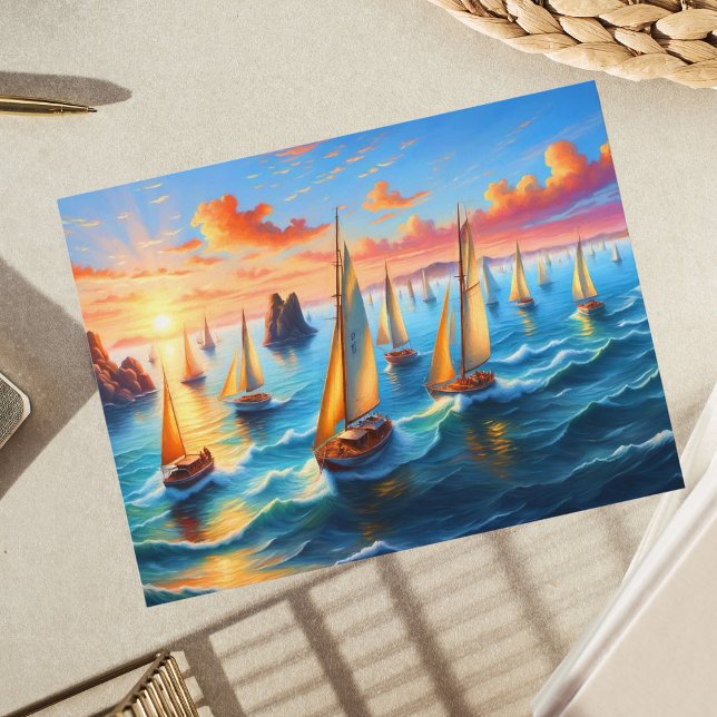 Postal Barcos de vela en el pacífico Océano cielo atardec (Capture serenity with tranquil sailboat scene, perfect for sailing enthusiasts and art lovers.)