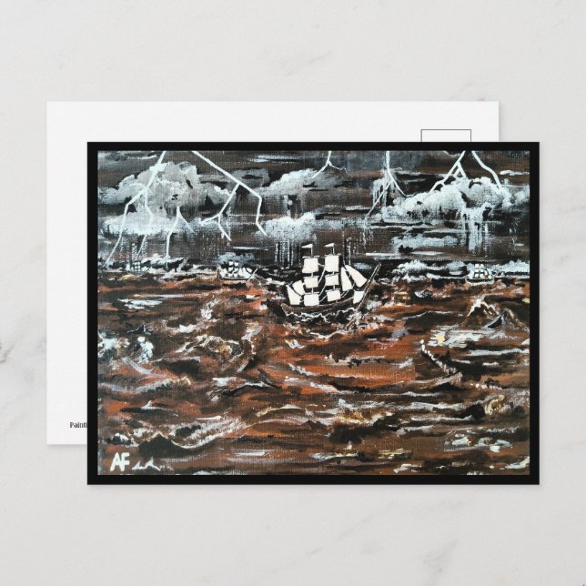 Postal Barcos en una pintura de tormentas de Alfred Fox (Anverso / Reverso)