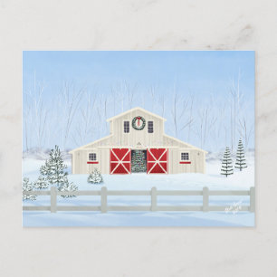 Postal Barn de Navidades blancos y nevados en invierno