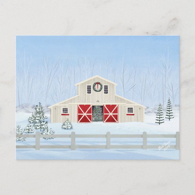 Postal Barn de Navidades blancos y nevados en invierno (Anverso)