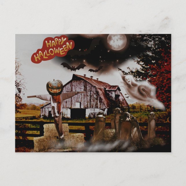 Postal *~* Barn Hay Goblin Spooky Ghost HALLOWEEN Único (Anverso)
