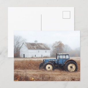 Postal Barnera y campo de tractor azul