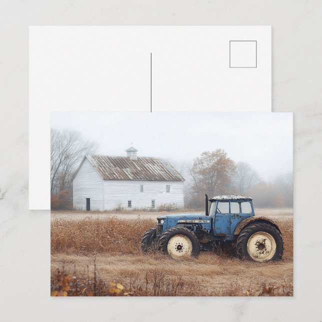 Postal Barnera y campo de tractor azul (Anverso / Reverso)
