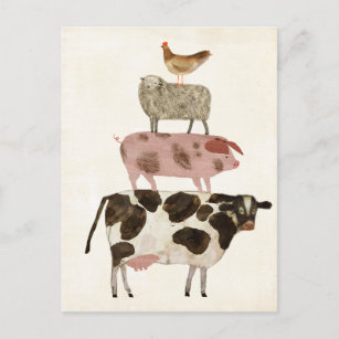 Postal Barnyard Buds: vaca, cerdo, oveja y gallina